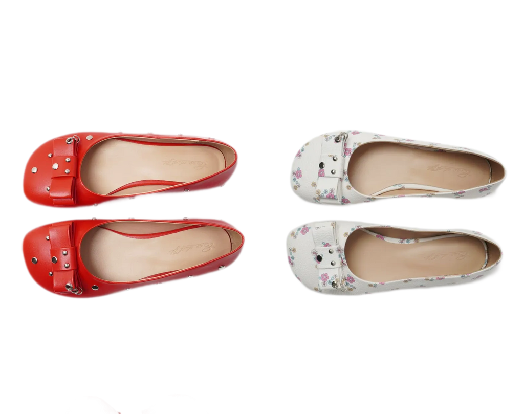 Floral Bow Ballet Flats – Coquette Vegan Leather Flats with Rivet Details