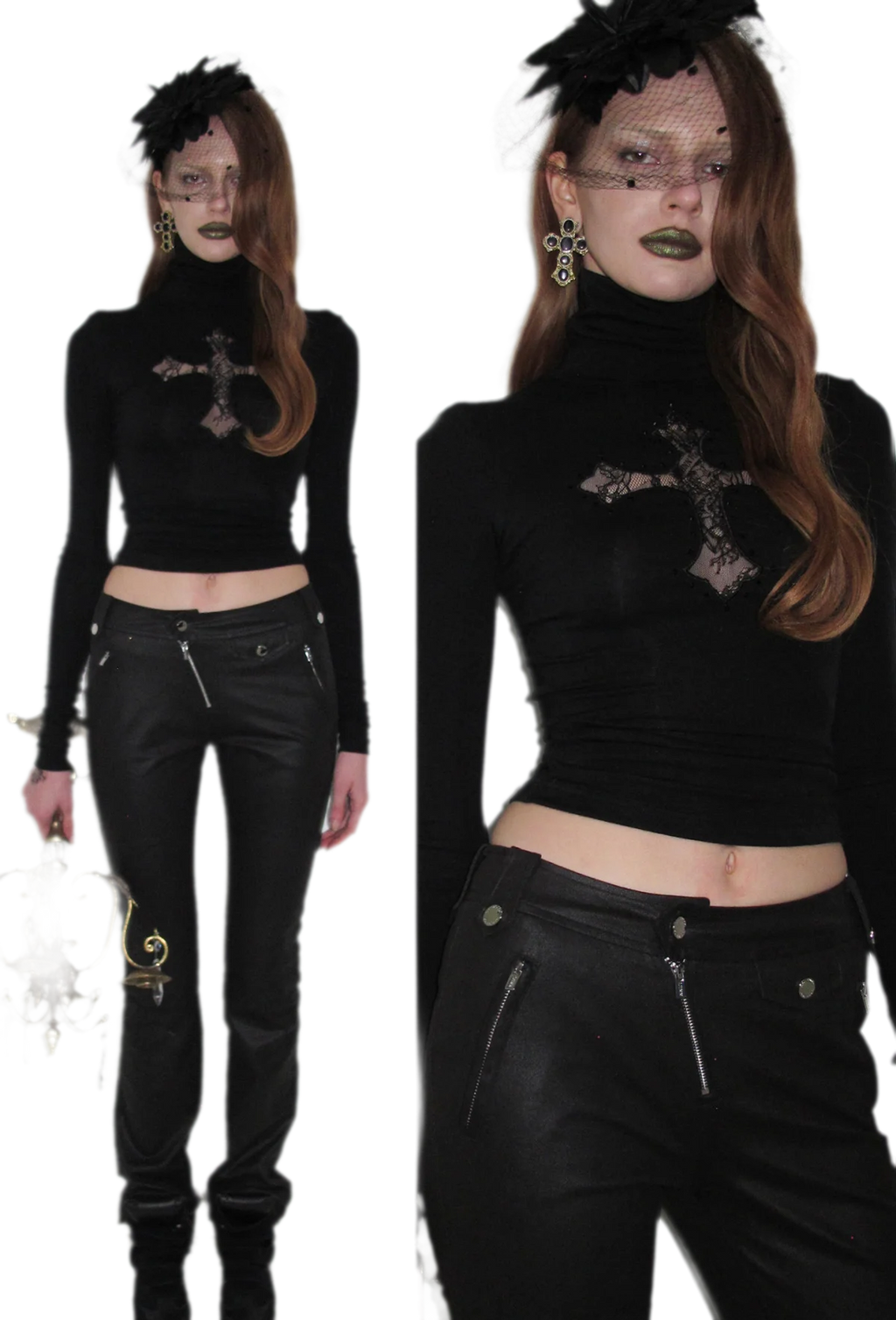 Rhinestone Lace Cross Fitted Turtleneck Knit Top