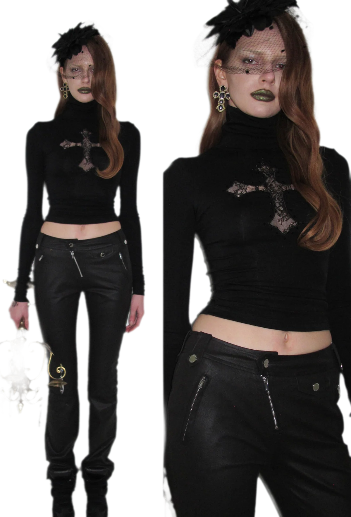 Rhinestone Lace Cross Fitted Turtleneck Knit Top
