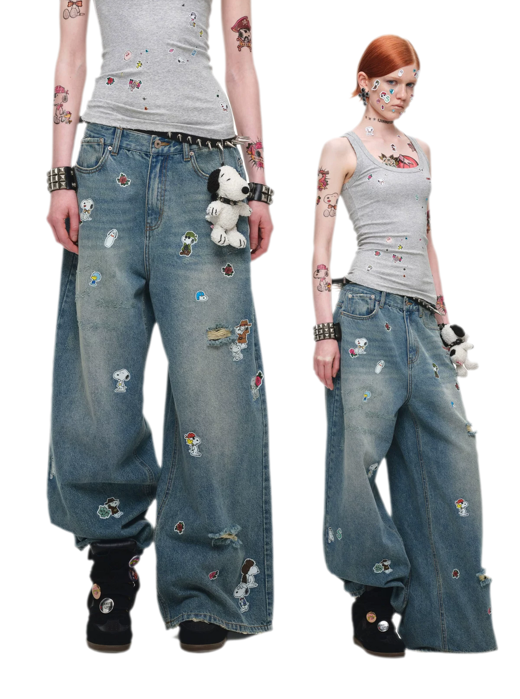 Washed Distressed Wide-Leg Patch Jeans