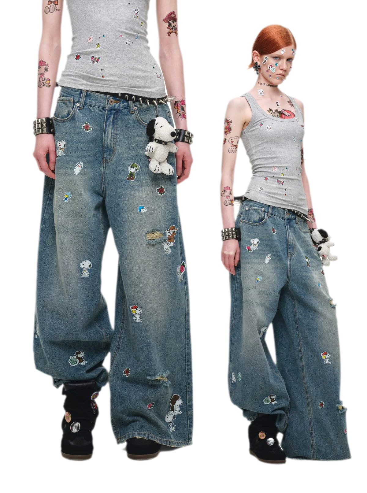 Washed Distressed Wide-Leg Patch Jeans