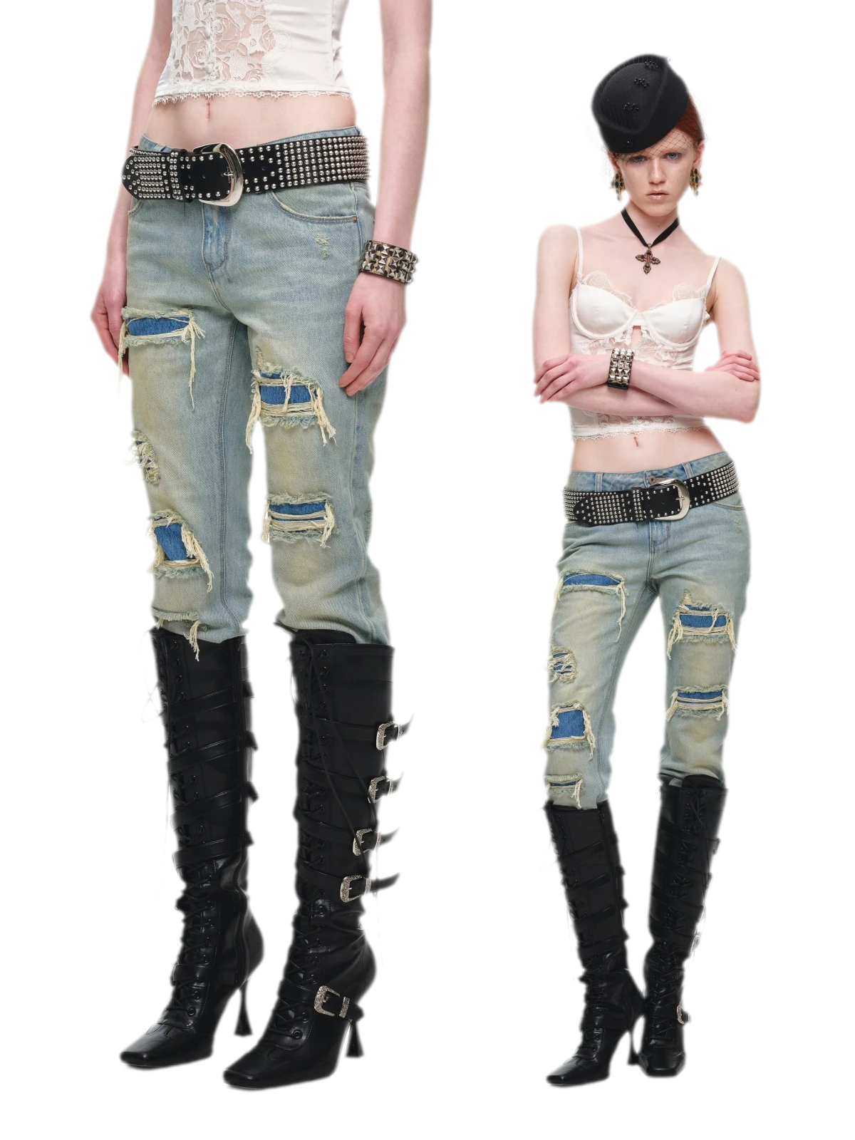 Washed Blue Appliqué Distressed Straight-Leg Jeans
