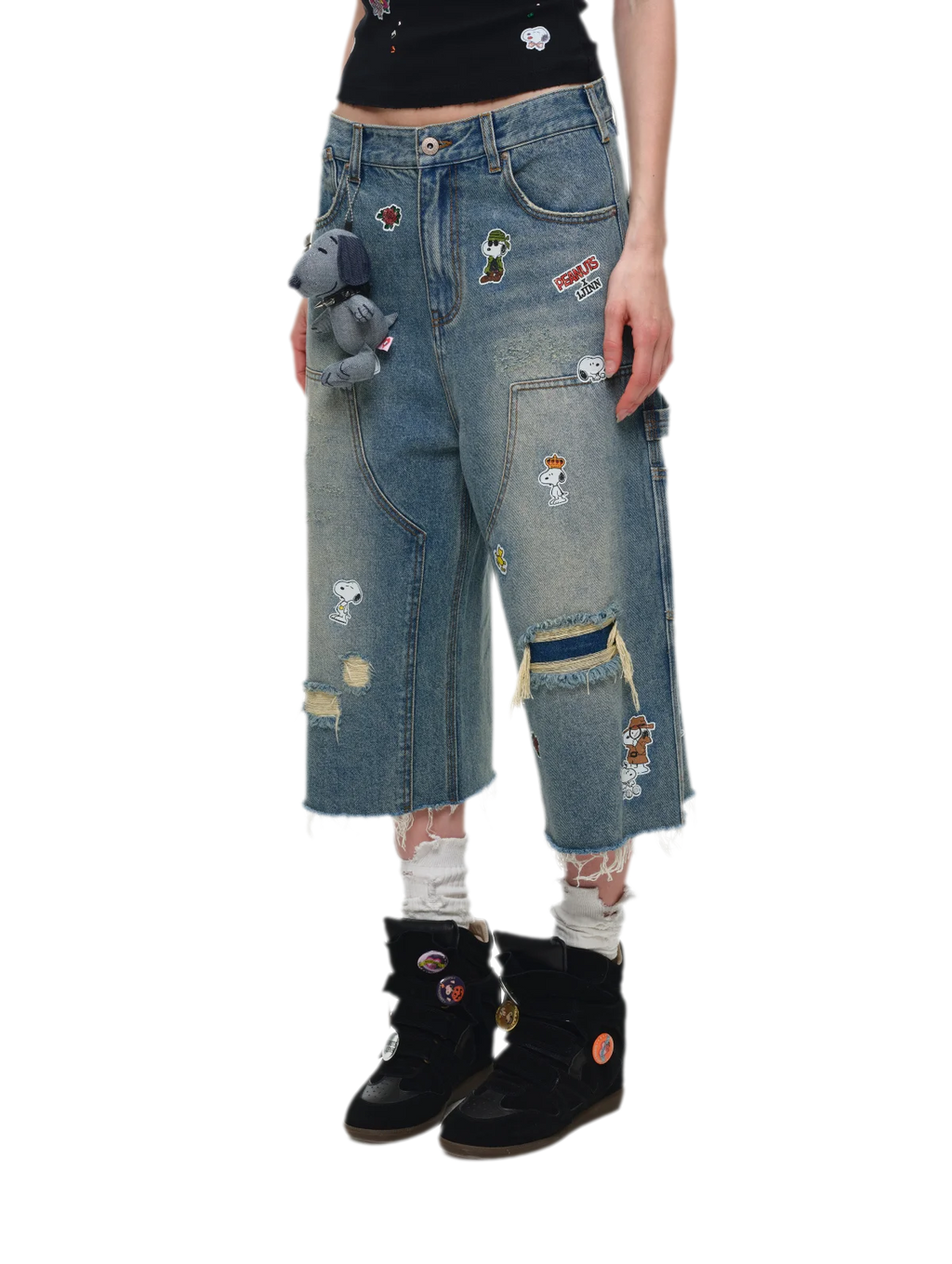 Washed Distressed Cropped Cargo Jeans with Patches