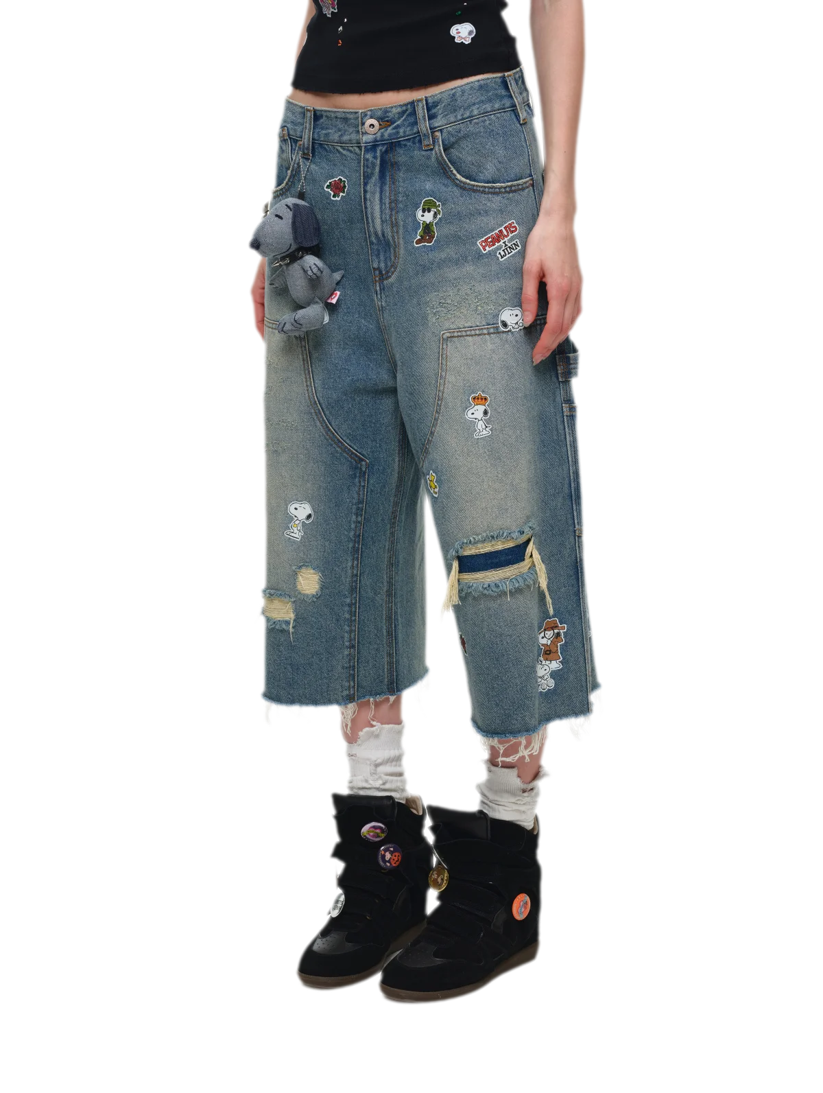 Washed Distressed Cropped Cargo Jeans with Patches
