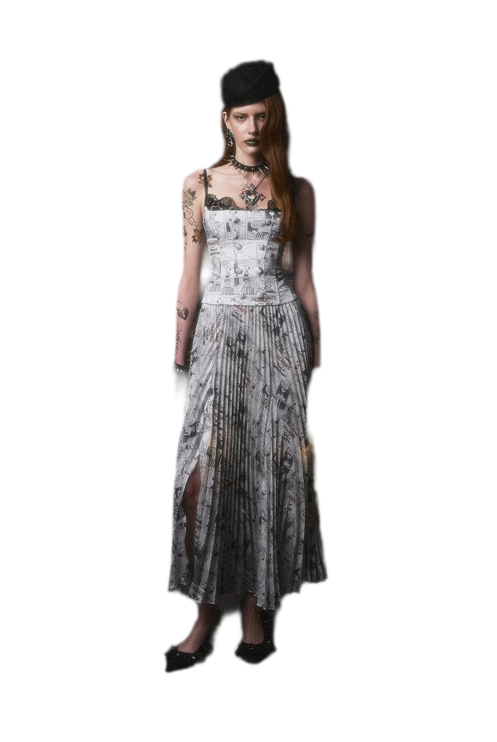 Vintage Newspaper Print Pleated A-Line Long Skirt