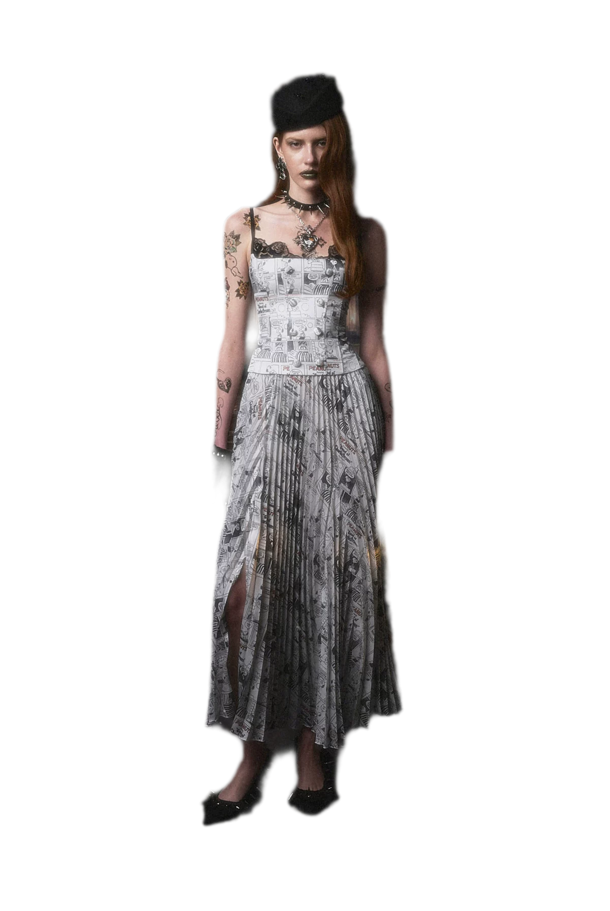 Vintage Newspaper Print Pleated A-Line Long Skirt