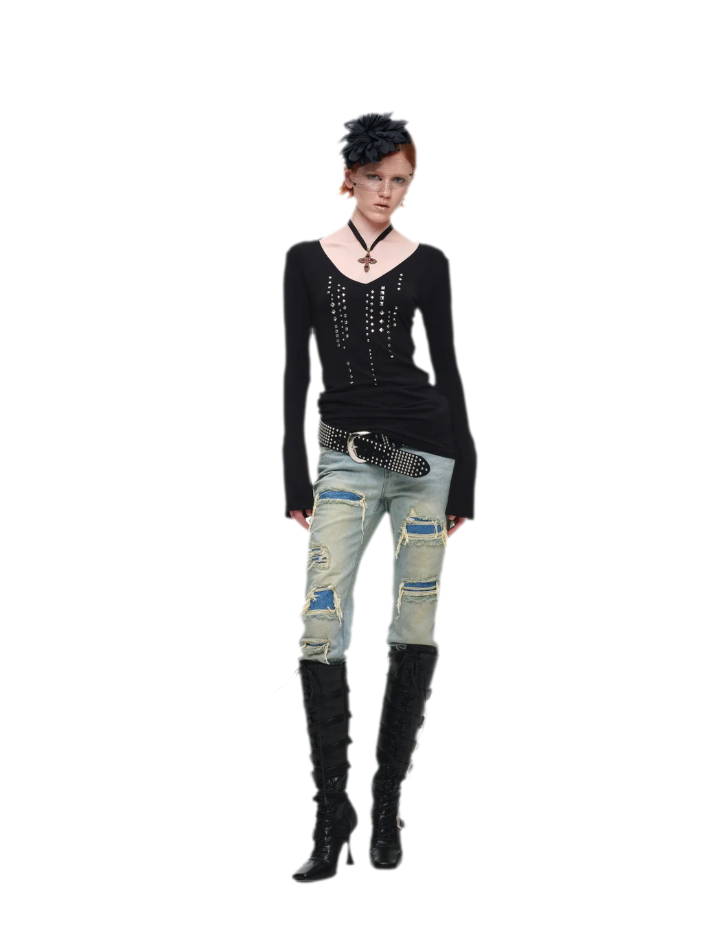 Rhinestone Rivet Fitted V-Neck Knit Top