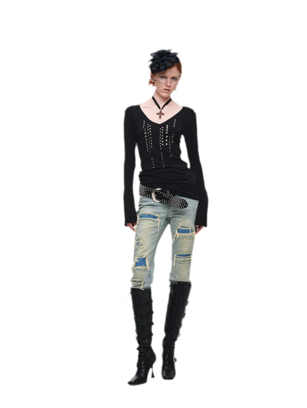 Rhinestone Rivet Fitted V-Neck Knit Top