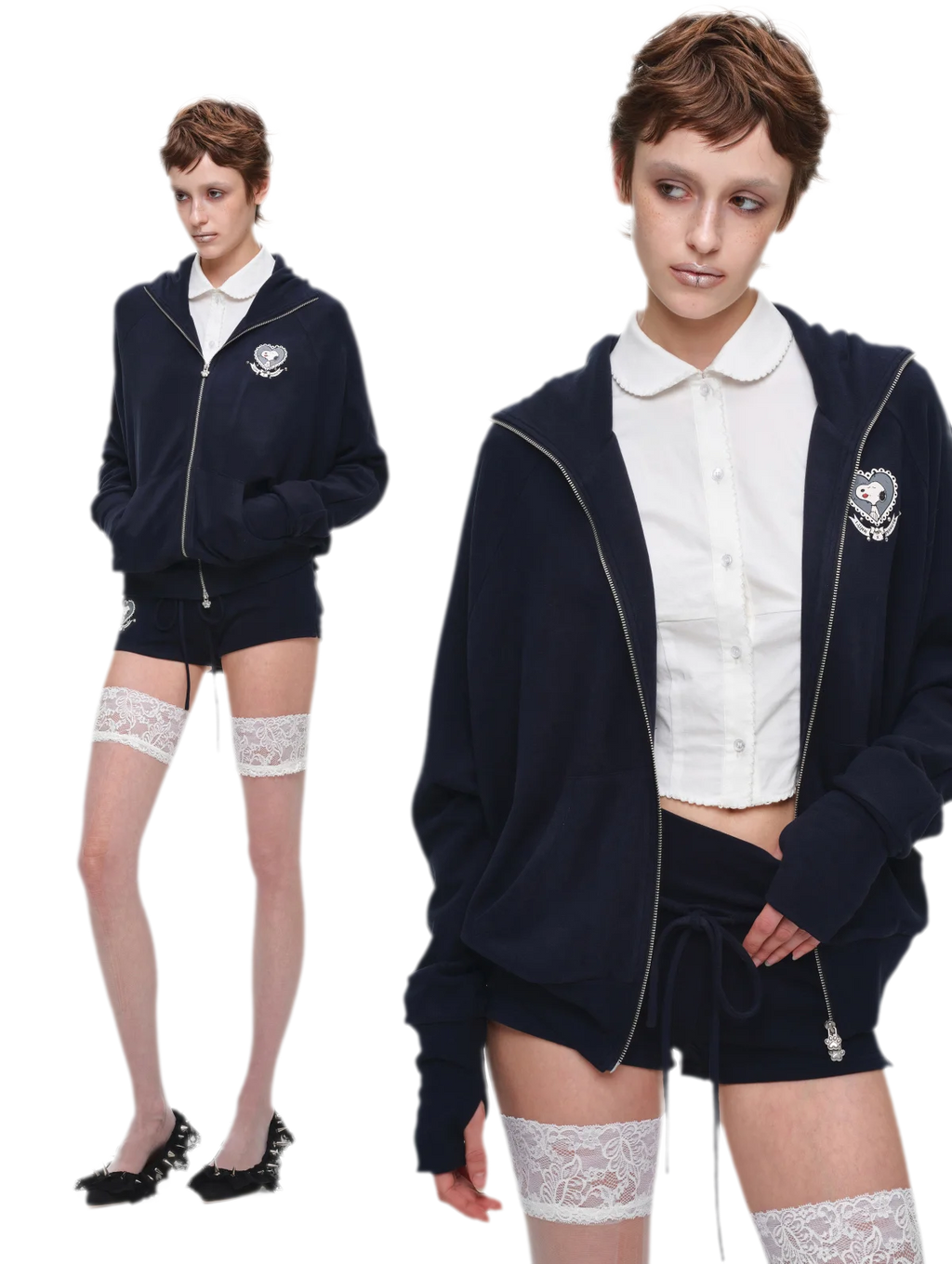 Brushed Knit Batwing Zip Hoodie Set with Dog-Ear Hood