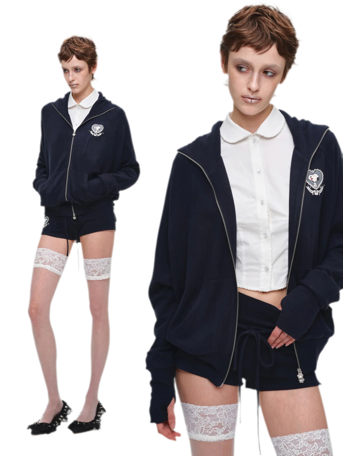 Brushed Knit Batwing Zip Hoodie Set with Dog-Ear Hood