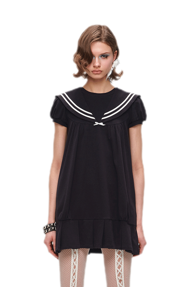 Retro Navy Collar Pleated Midi Dress - Navy Blue