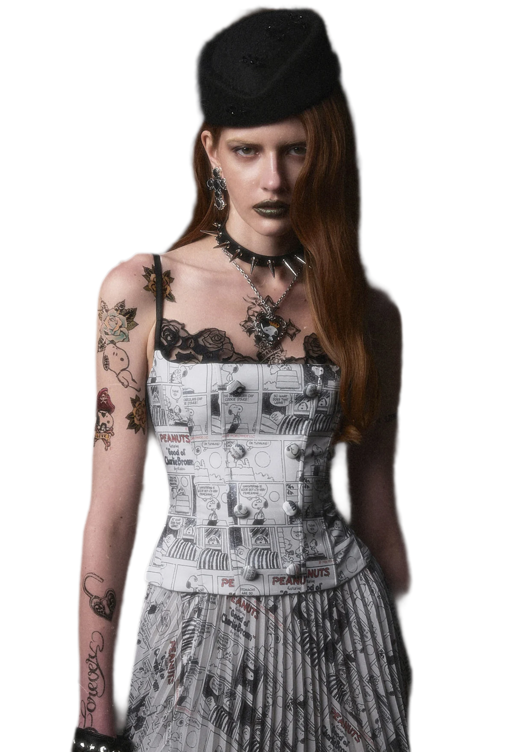 Vintage Newspaper Print Pleated A-Line Long Skirt