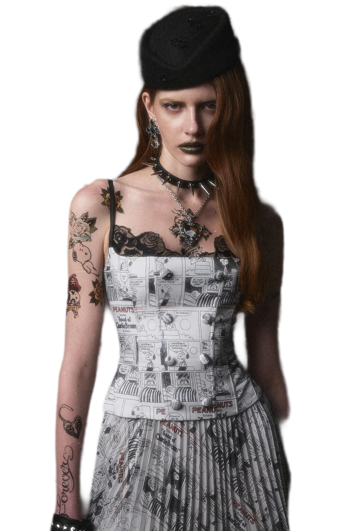 Vintage Newspaper Print Pleated A-Line Long Skirt