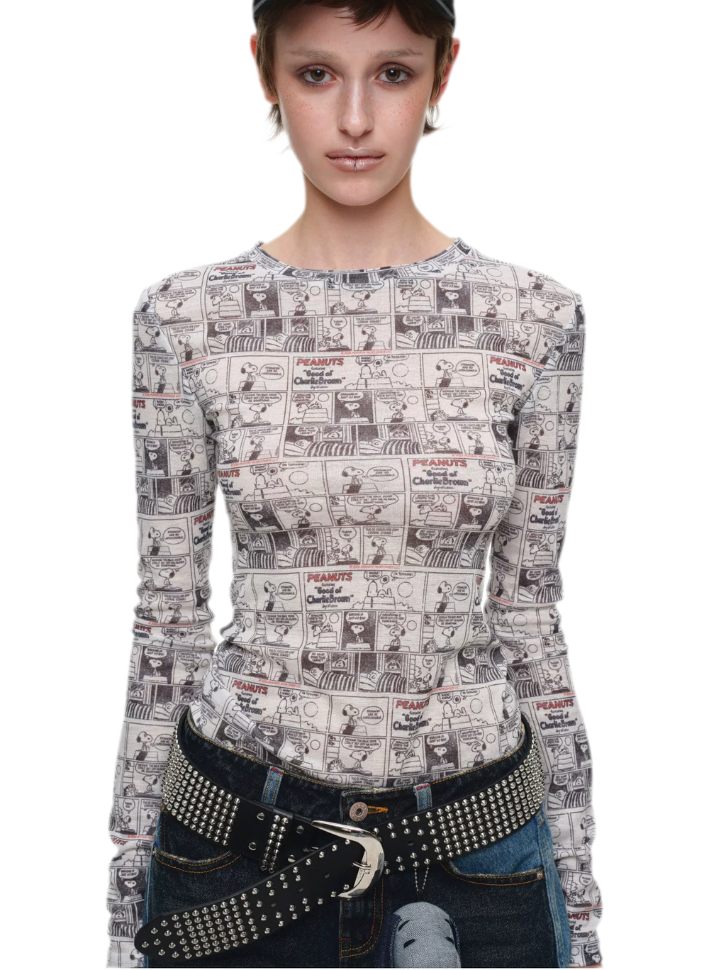 Vintage Newspaper Print Fitted Long-Sleeve Knit Top