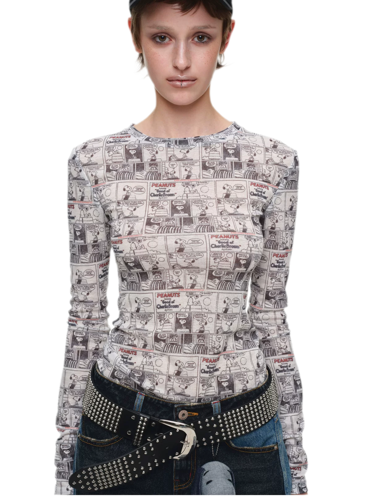 Vintage Newspaper Print Fitted Long-Sleeve Knit Top