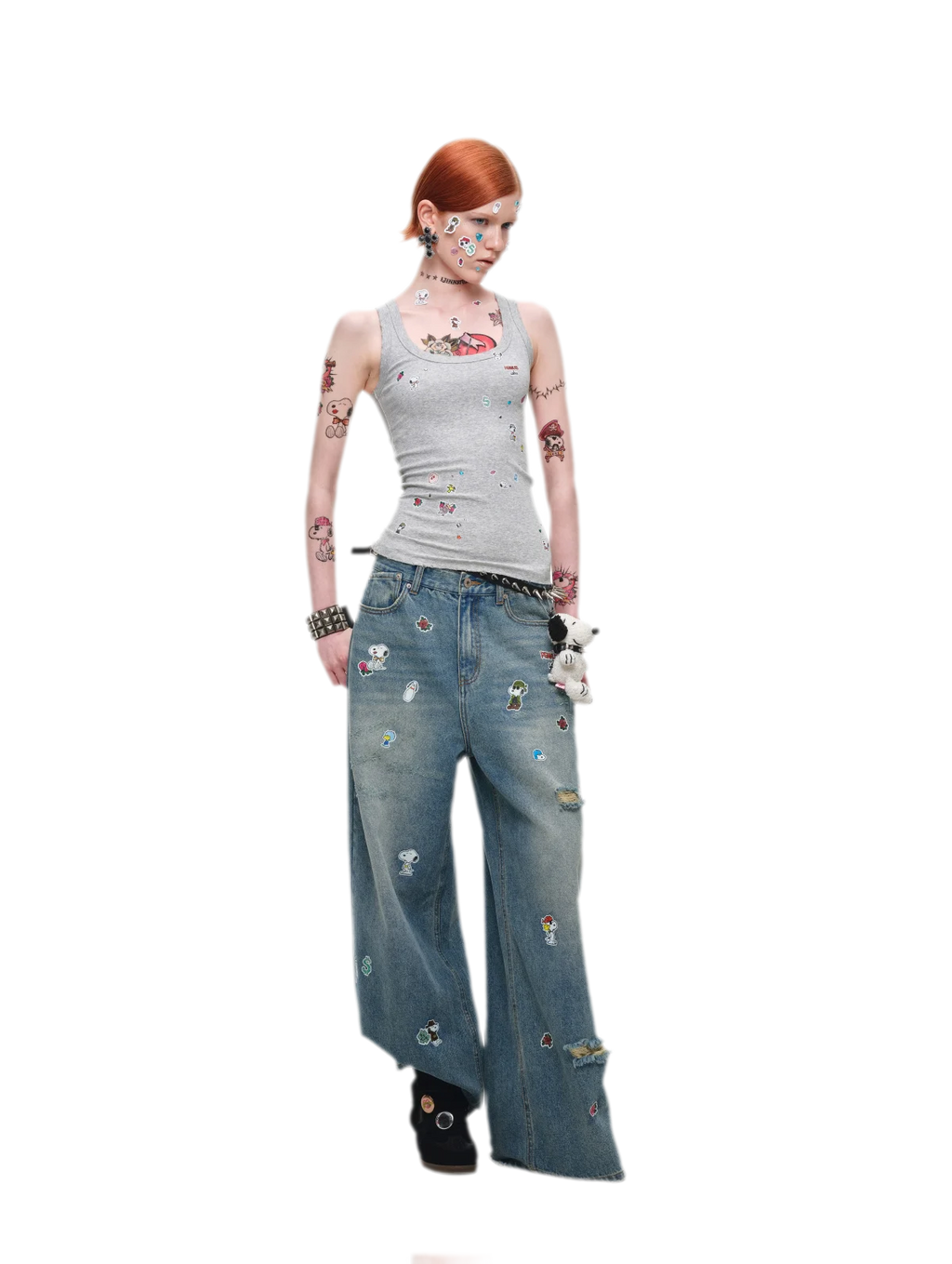 Washed Distressed Wide-Leg Patch Jeans
