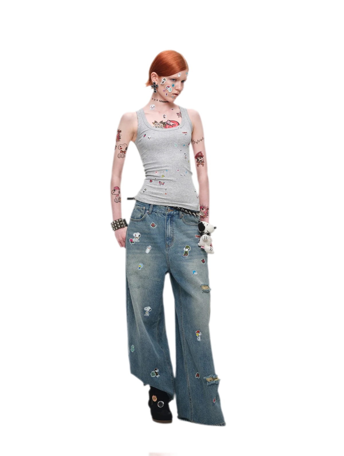 Washed Distressed Wide-Leg Patch Jeans
