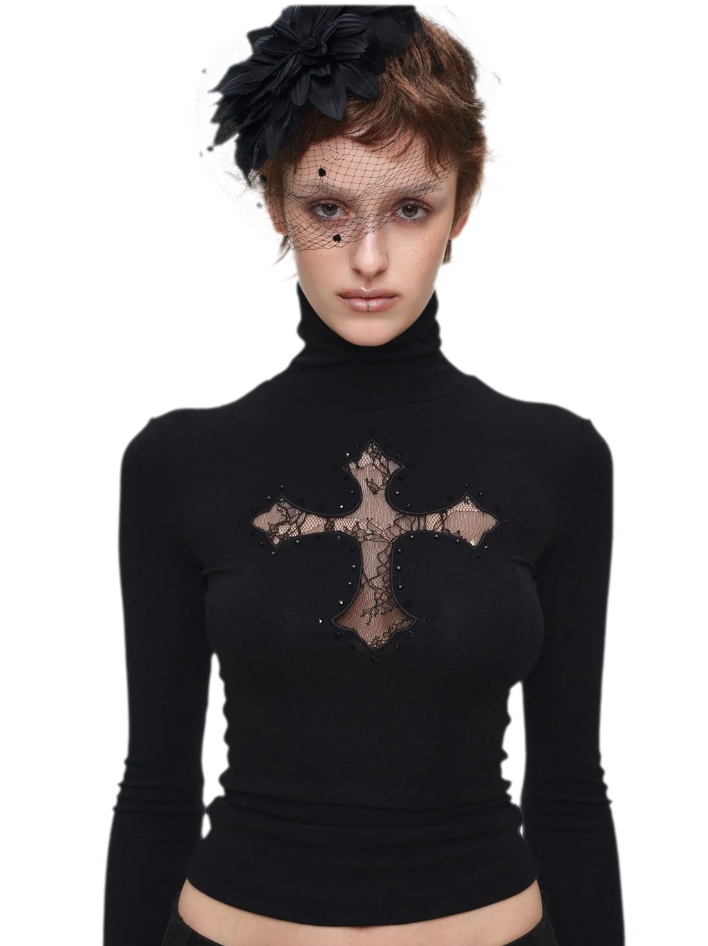Rhinestone Lace Cross Fitted Turtleneck Knit Top
