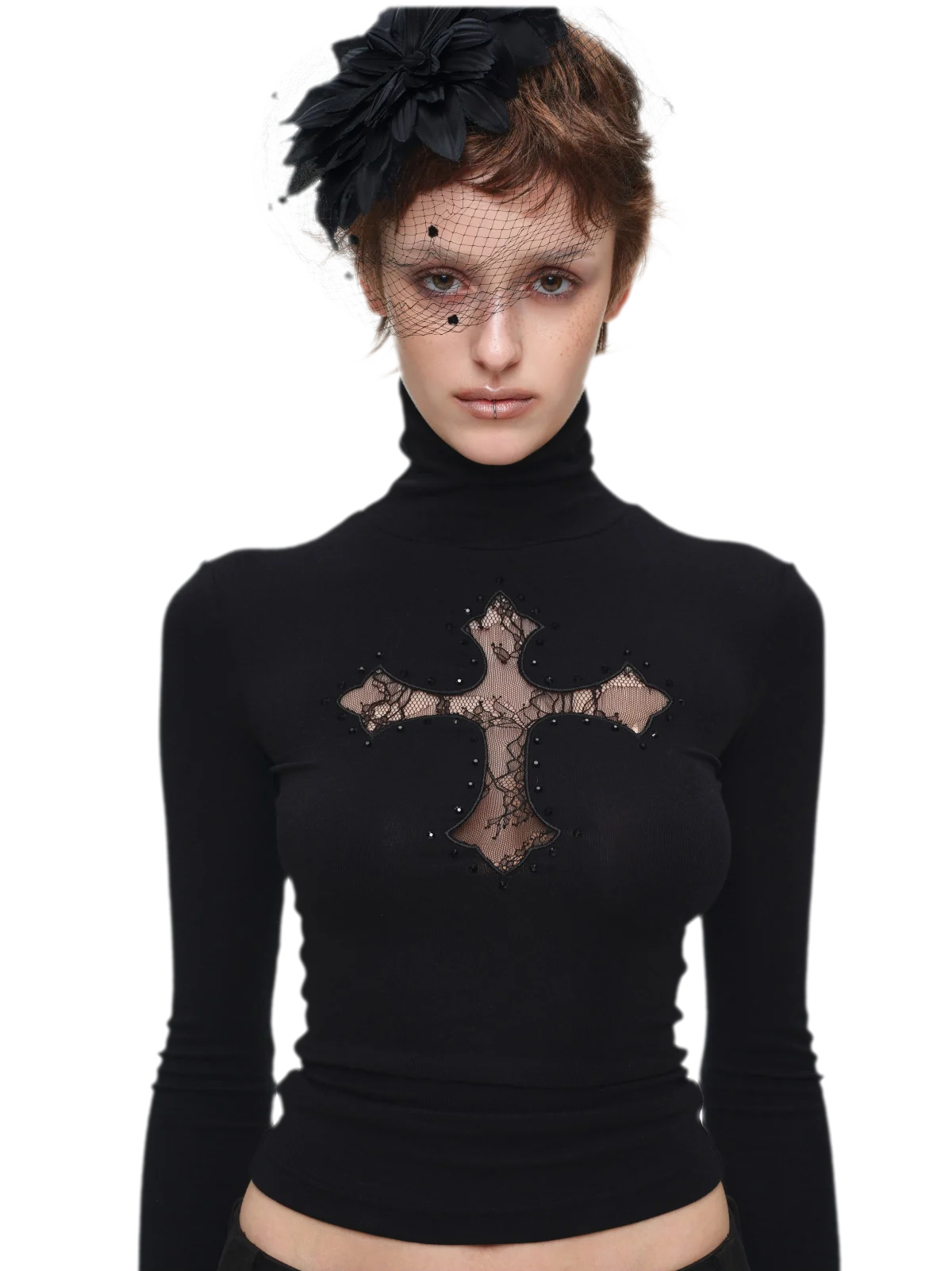 Rhinestone Lace Cross Fitted Turtleneck Knit Top