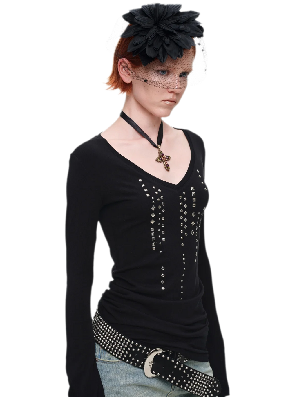 Rhinestone Rivet Fitted V-Neck Knit Top