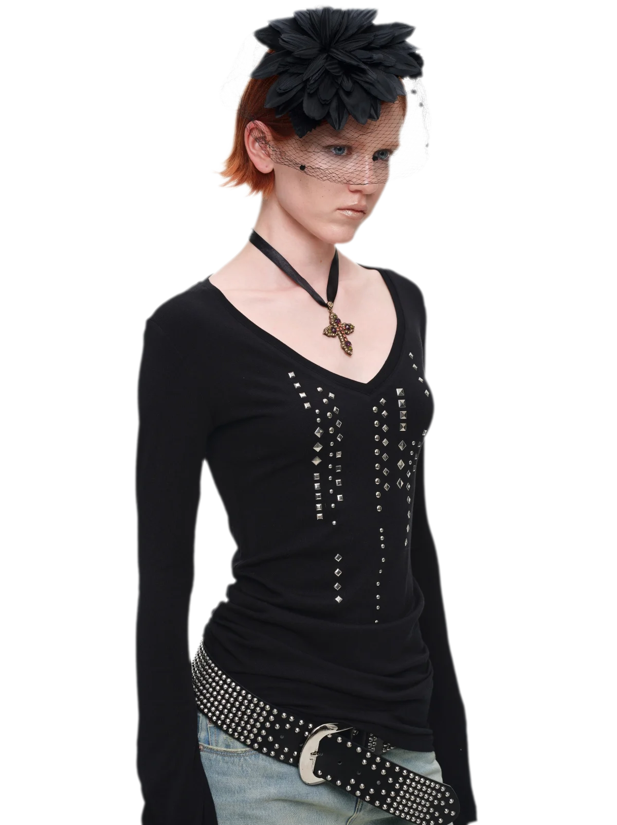 Rhinestone Rivet Fitted V-Neck Knit Top