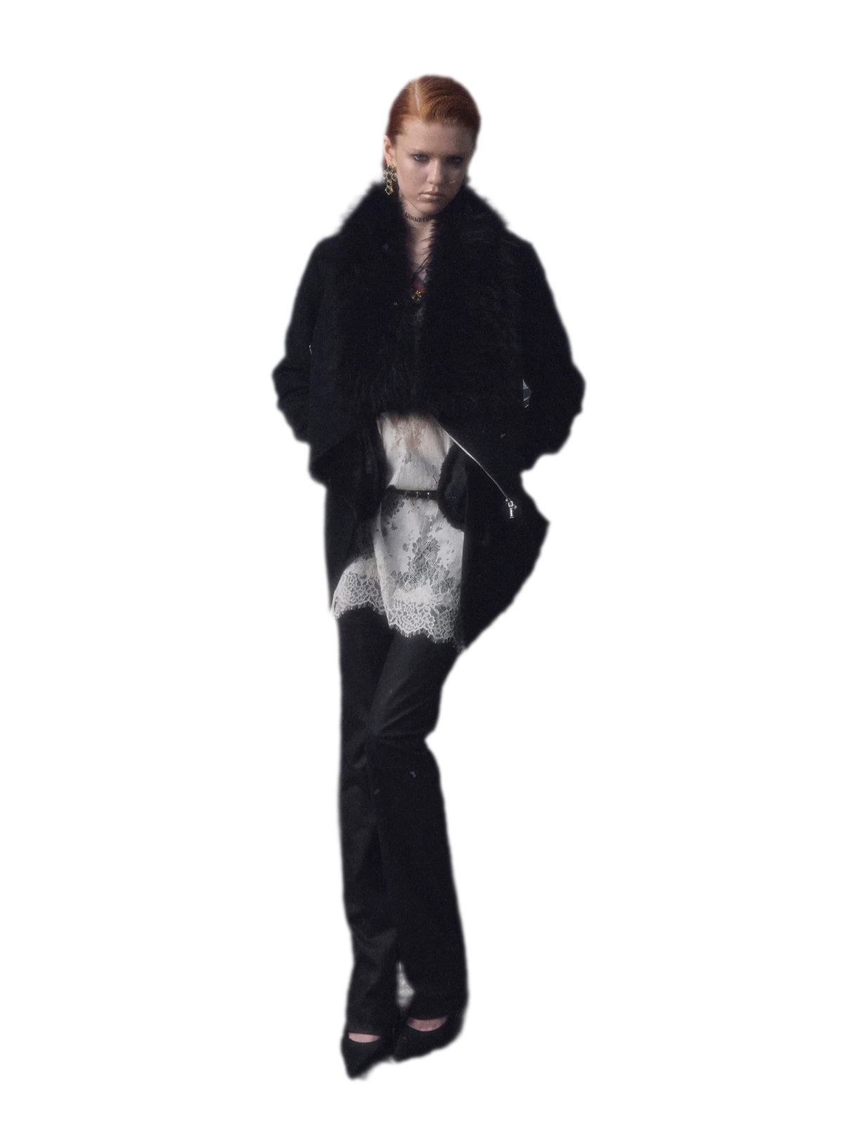 Suede-Look Slim Fit Coat with Oversized Faux Fur Collar