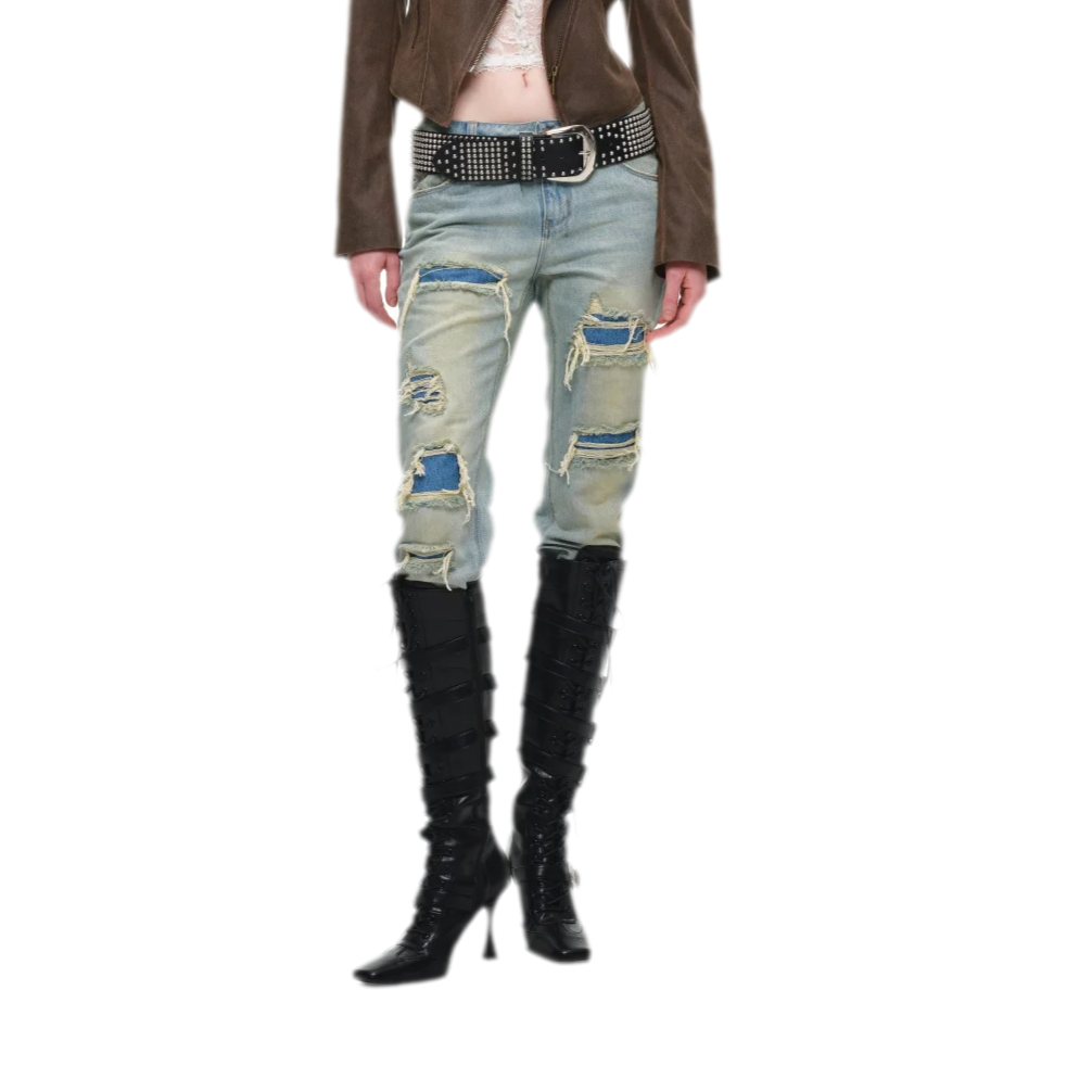 Washed blue applique straight-leg jeans