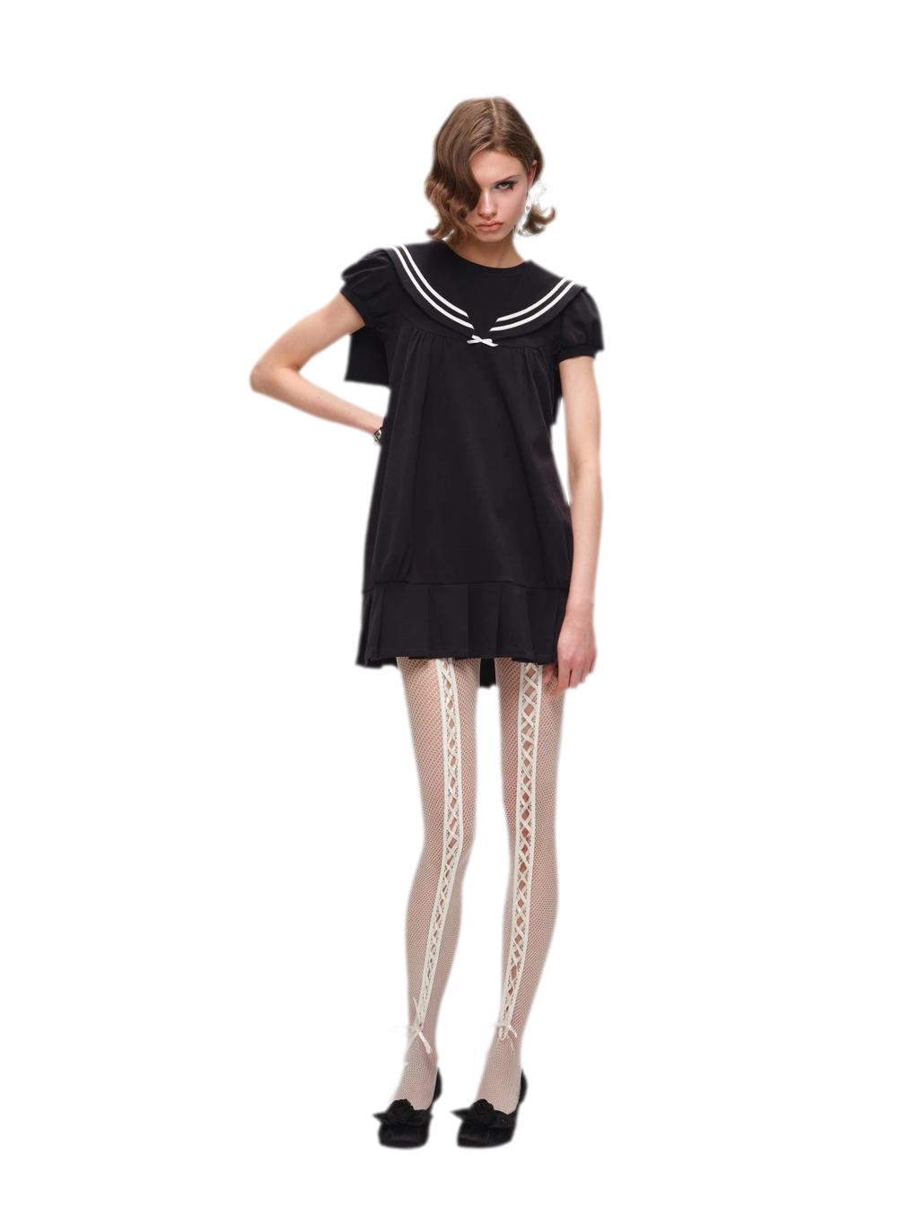 Retro Navy Collar Pleated Midi Dress - Heather Gray