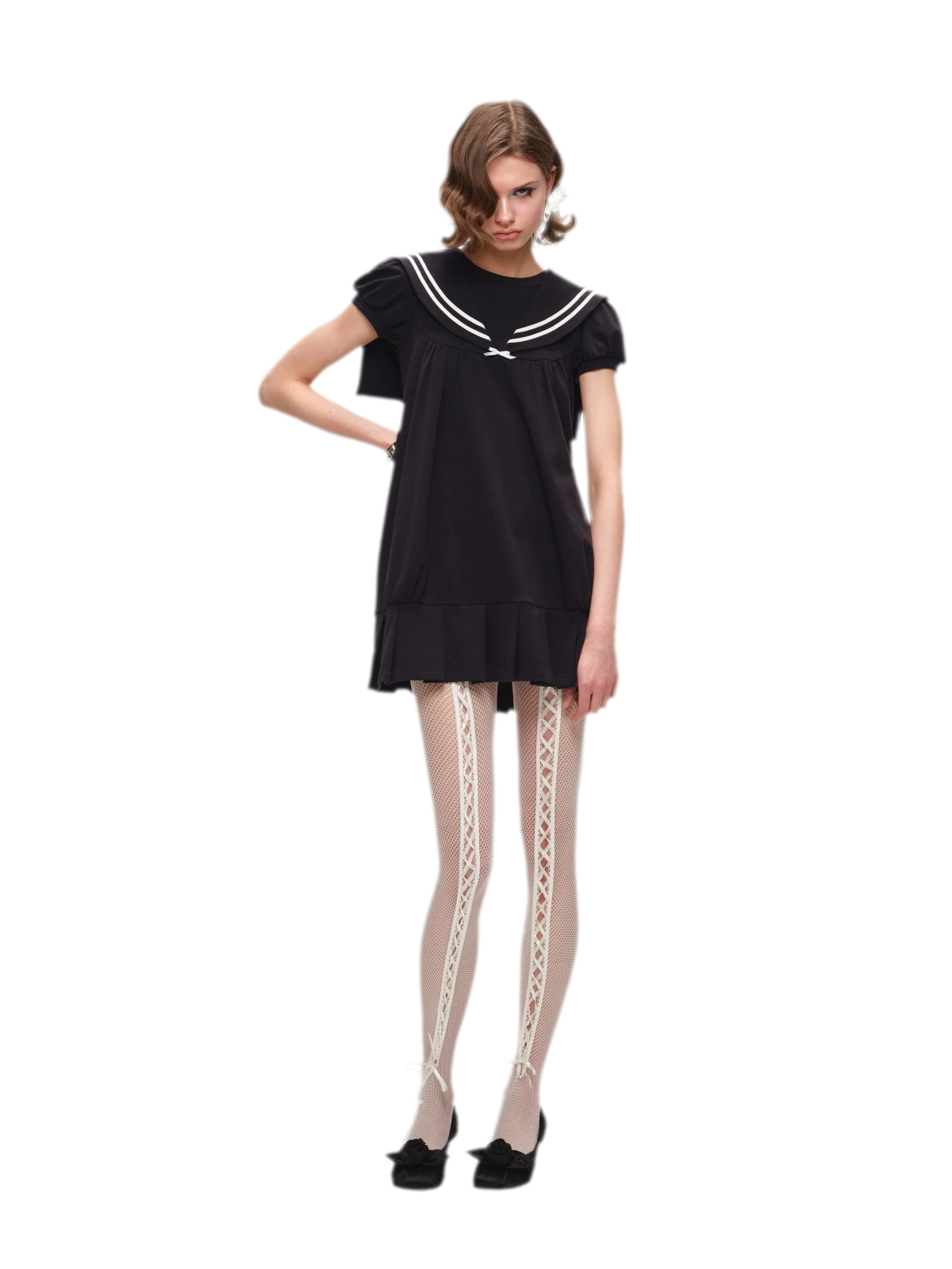 Retro Navy Collar Pleated Midi Dress - Heather Gray