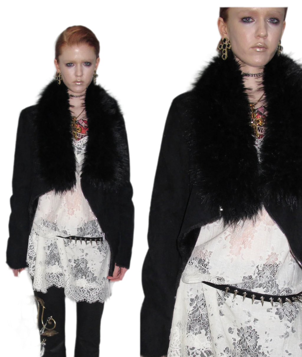 Suede-Look Slim Fit Coat with Oversized Faux Fur Collar
