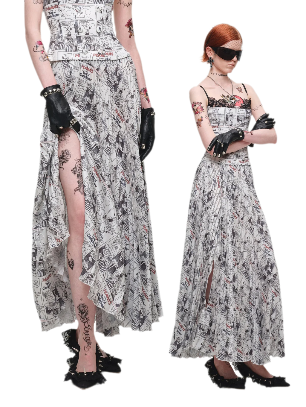 Vintage Newspaper Print Pleated A-Line Long Skirt