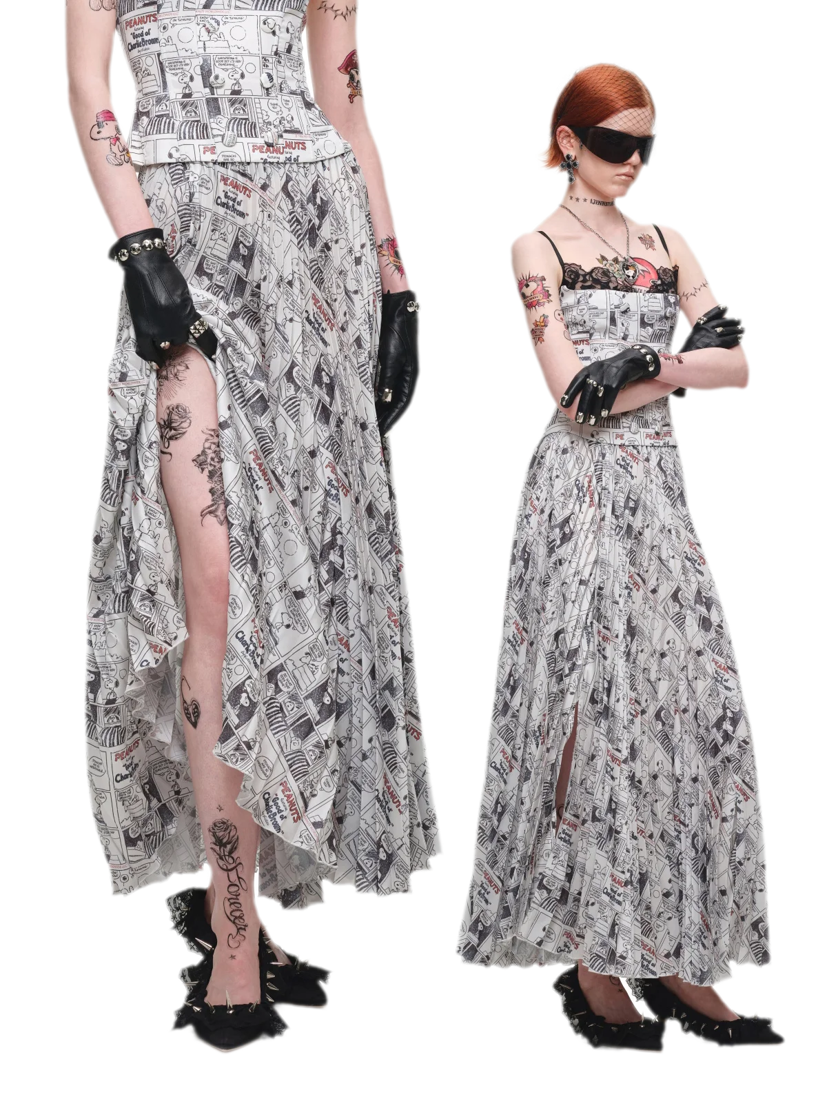 Vintage Newspaper Print Pleated A-Line Long Skirt