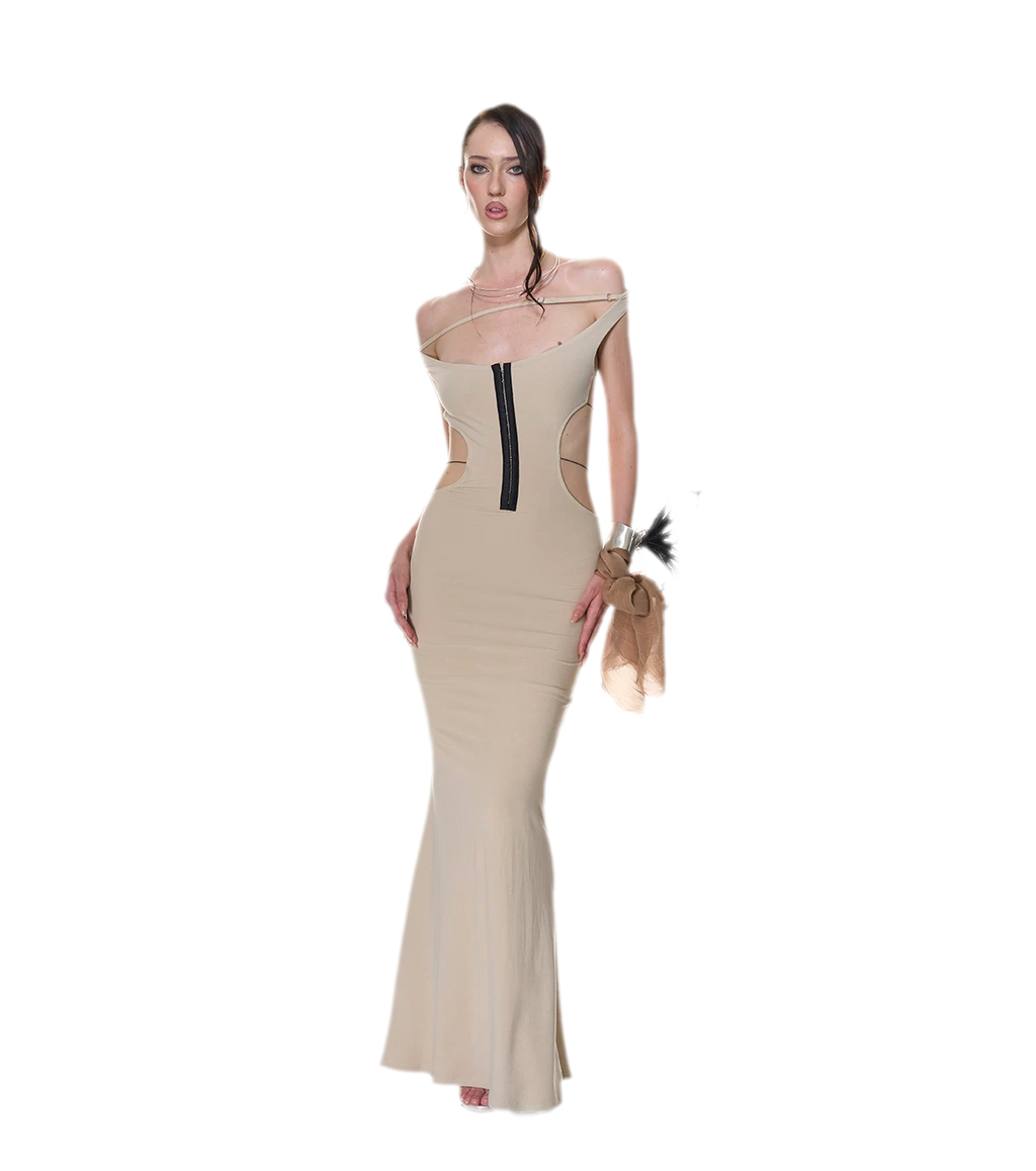 NOLA Back Tie Knit Maxi Dress – Off-Shoulder Bodycon Stretch Dress