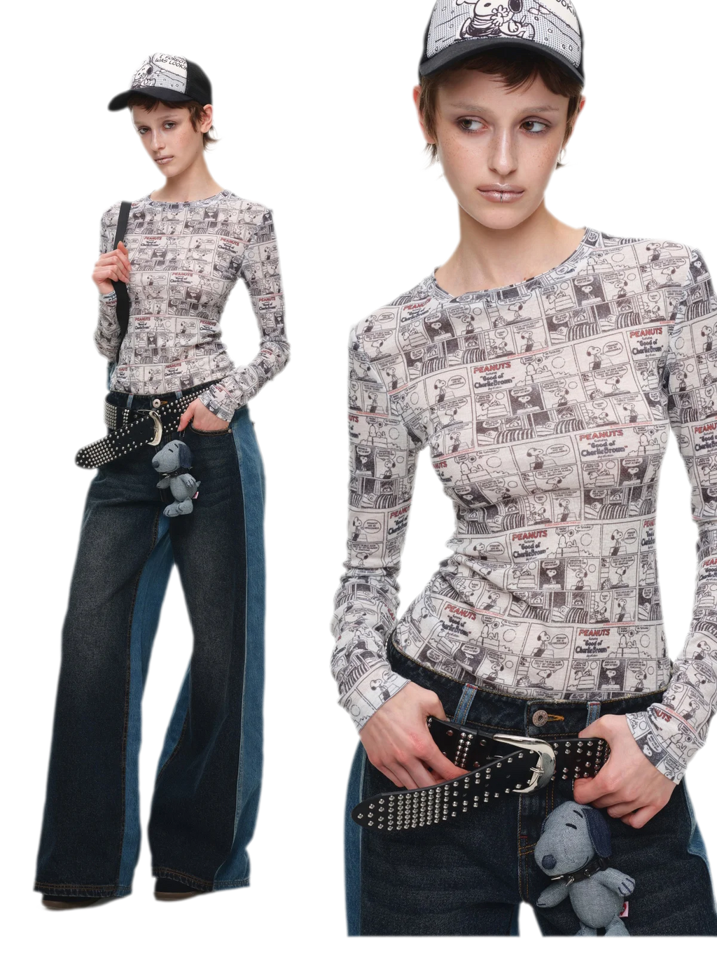 Vintage Newspaper Print Fitted Long-Sleeve Knit Top