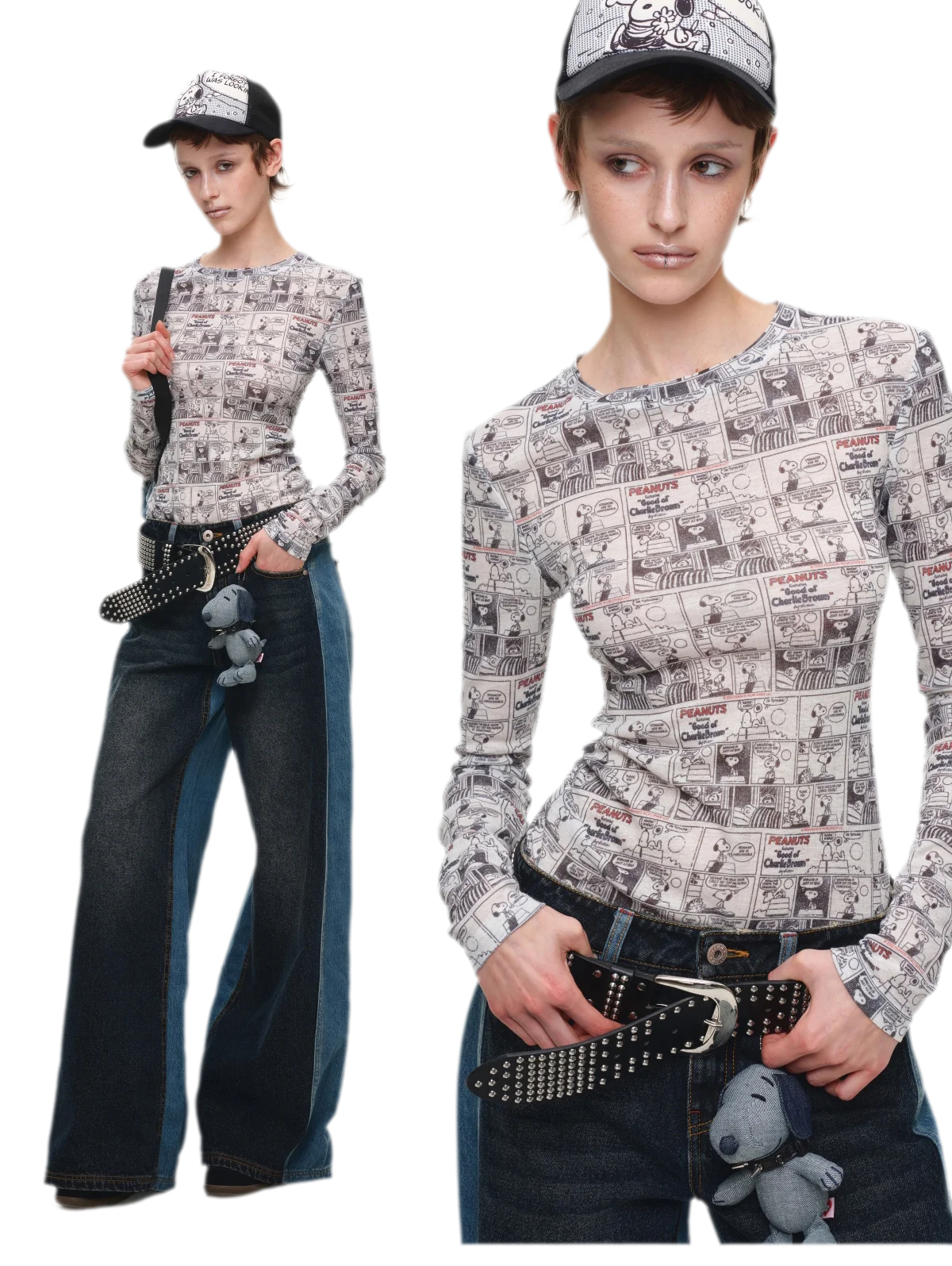 Vintage Newspaper Print Fitted Long-Sleeve Knit Top