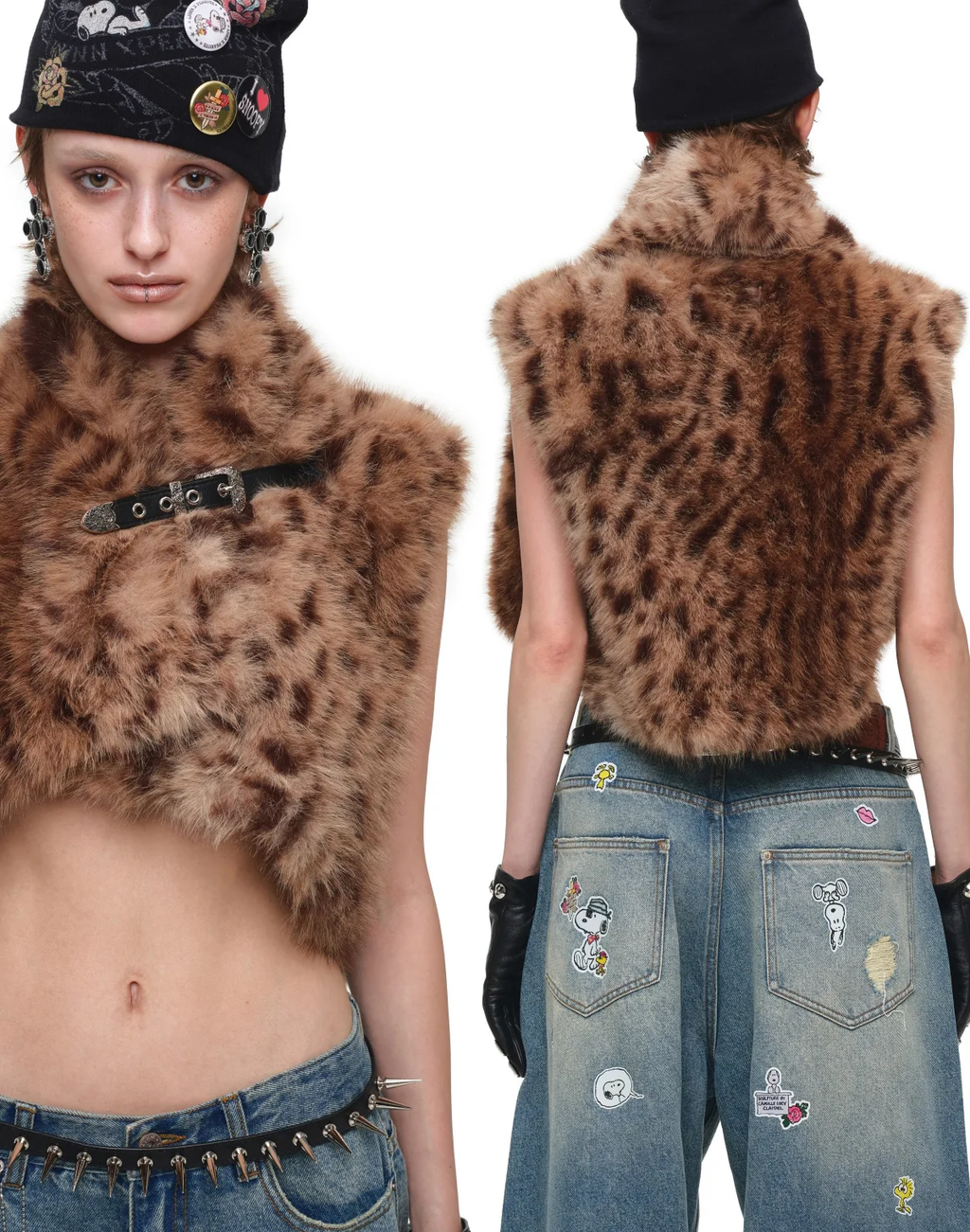 Belted Leopard Print Faux Fur Cropped Vest