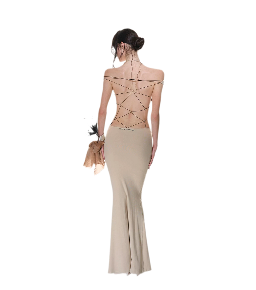 NOLA Back Tie Knit Maxi Dress – Off-Shoulder Bodycon Stretch Dress