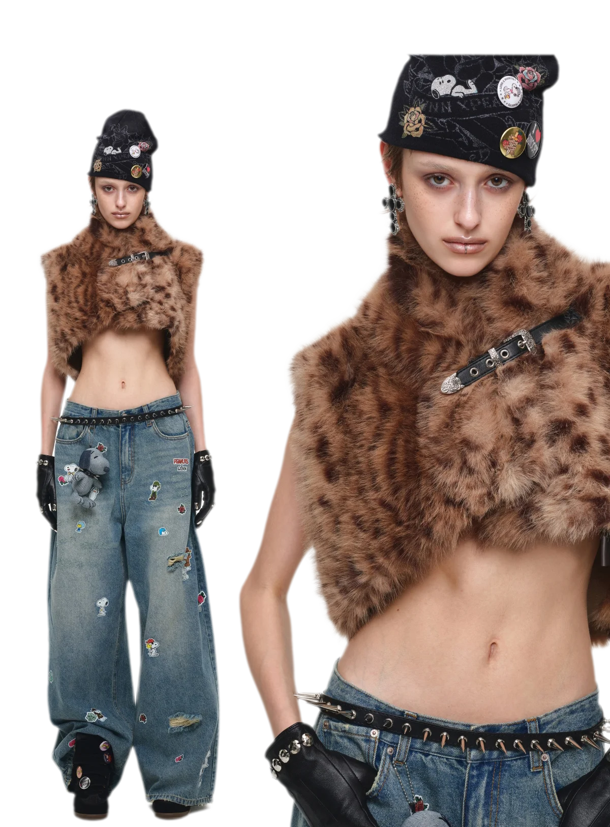Belted Leopard Print Faux Fur Cropped Vest