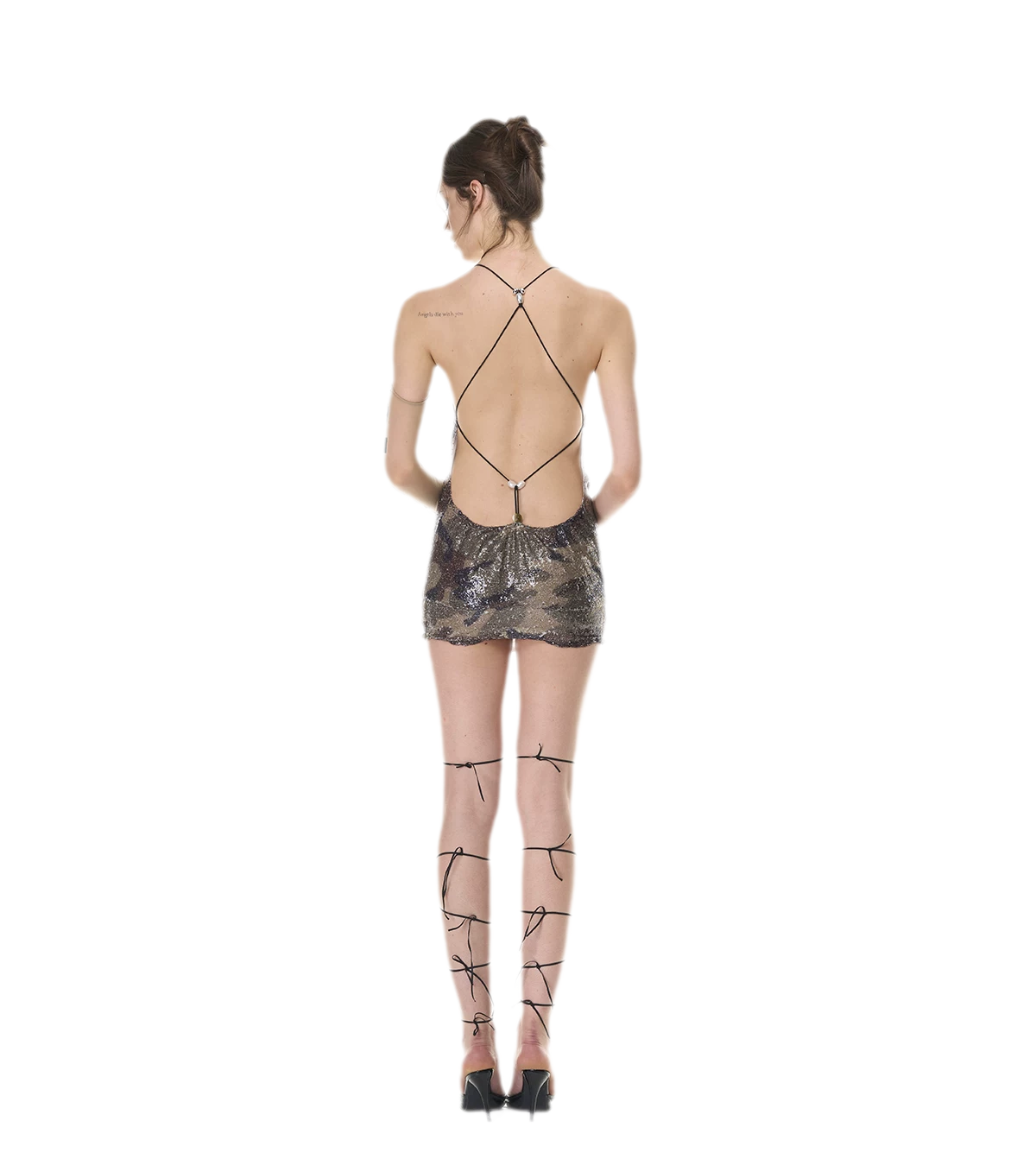 NOLA Camouflage Sequin Halter Mini Dress – Deep V Open Back Tie Dress