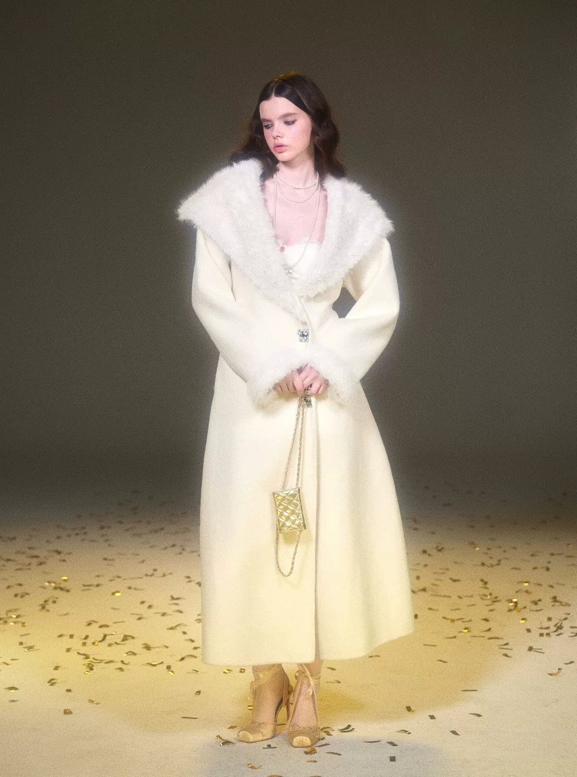 Ivory Double-Faced Wool Long Coat with Fur Trim Shawl Collar