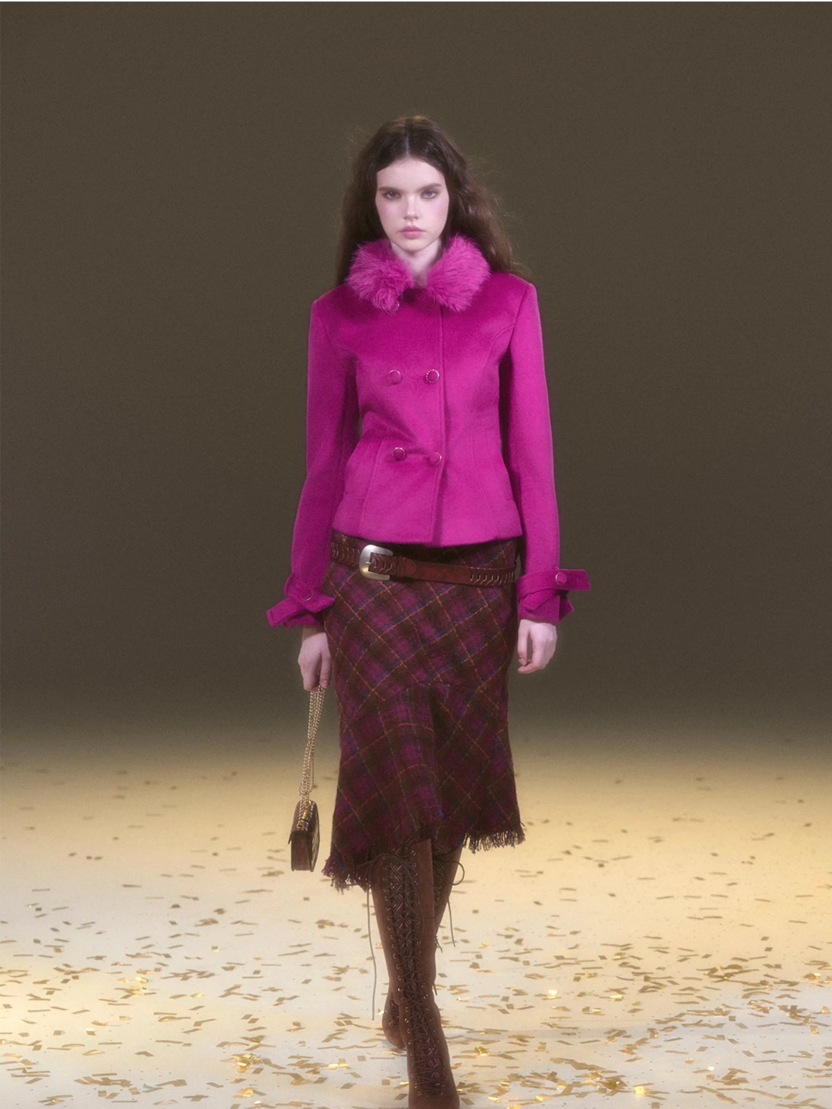 Vintage Burgundy Wool Jacket & Plaid Fishtail Skirt Set with Fur Collar