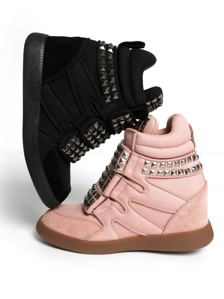 Rivet Platform High-Top Sneakers – Punk Denim & Suede Hidden Heel Sneakers