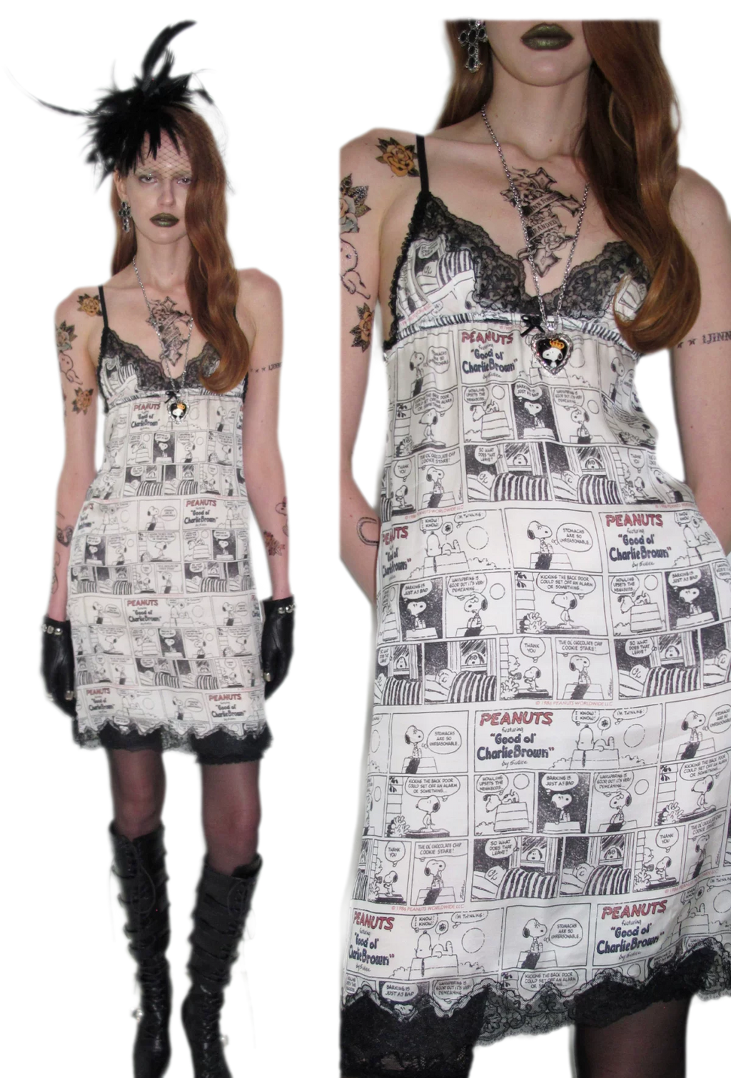 Vintage Newspaper Print Lace Trim Camisole Dress