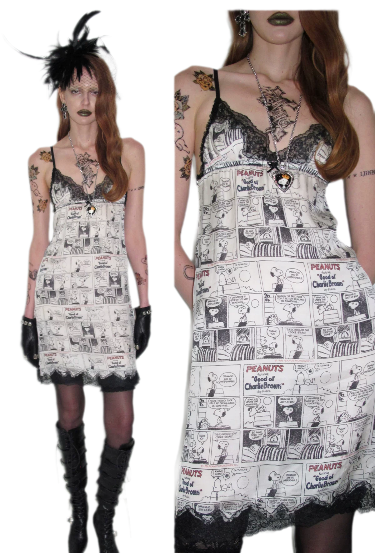 Vintage Newspaper Print Lace Trim Camisole Dress