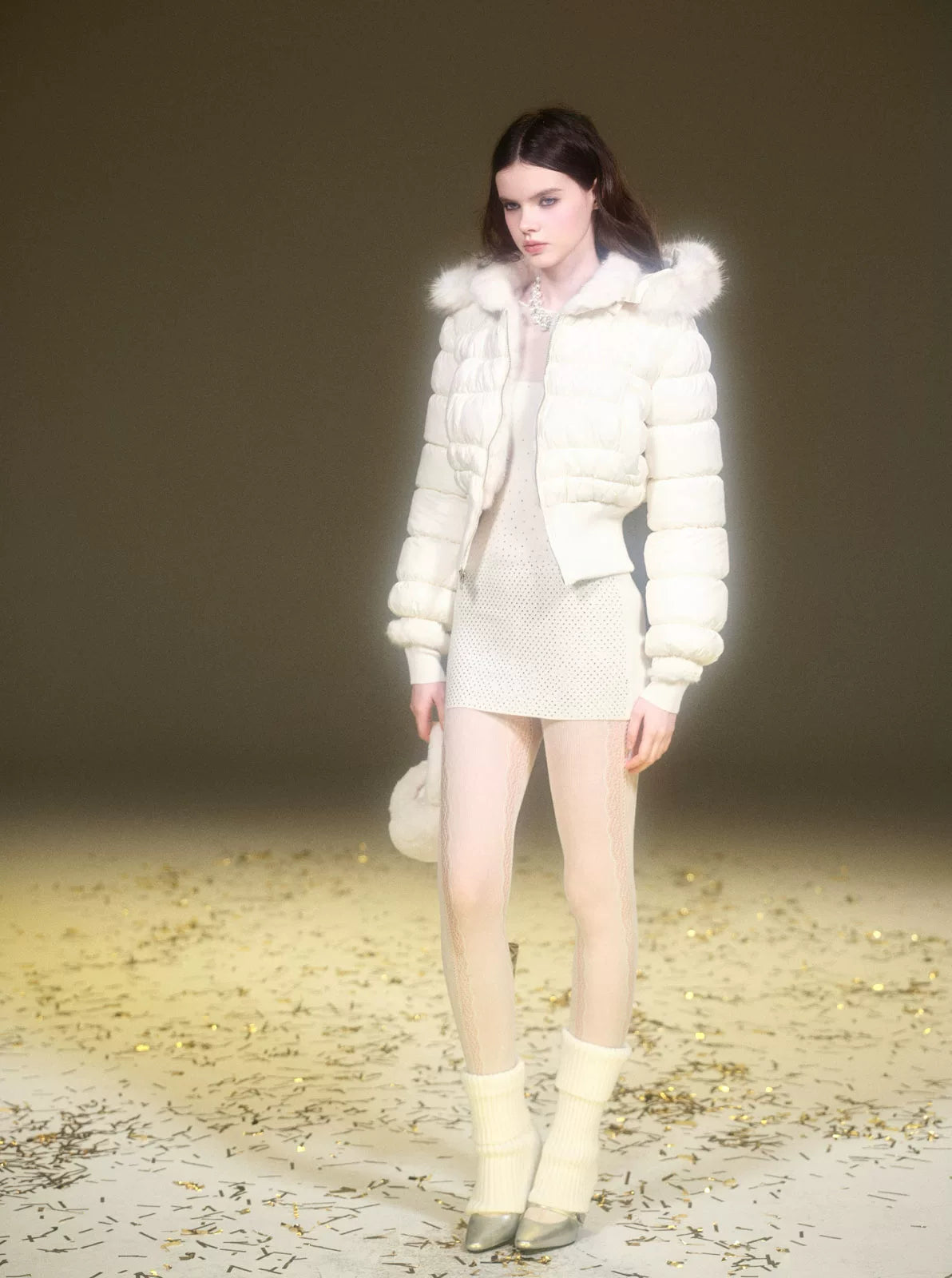 White Reversible Faux Fur Cropped Puffer Jacket with Hood