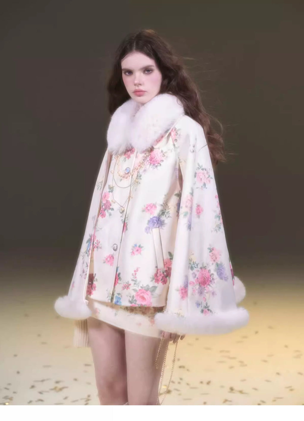 Vintage Oil Painting Floral Wool Cape & Skirt Set with Fur Trim