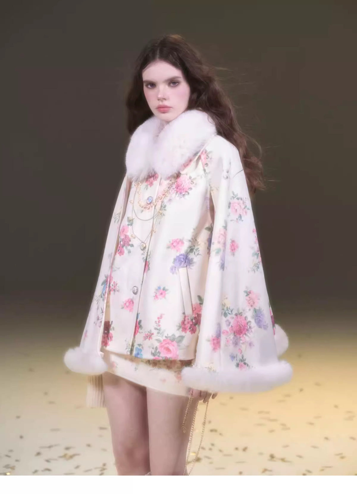 Vintage Oil Painting Floral Wool Cape & Skirt Set with Fur Trim