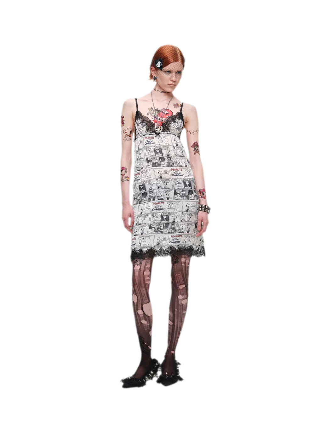 Vintage Newspaper Print Lace Trim Camisole Dress
