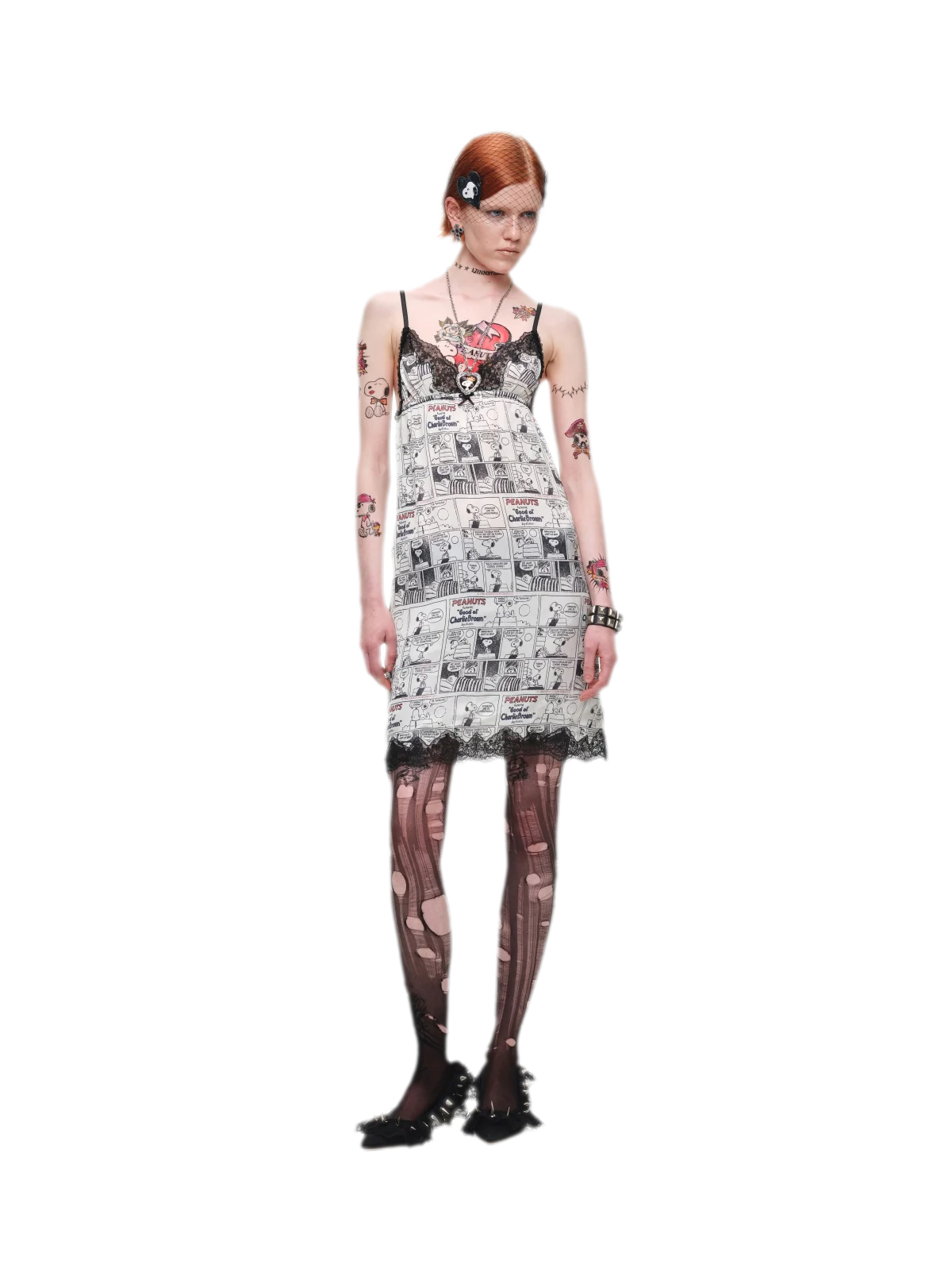 Vintage Newspaper Print Lace Trim Camisole Dress