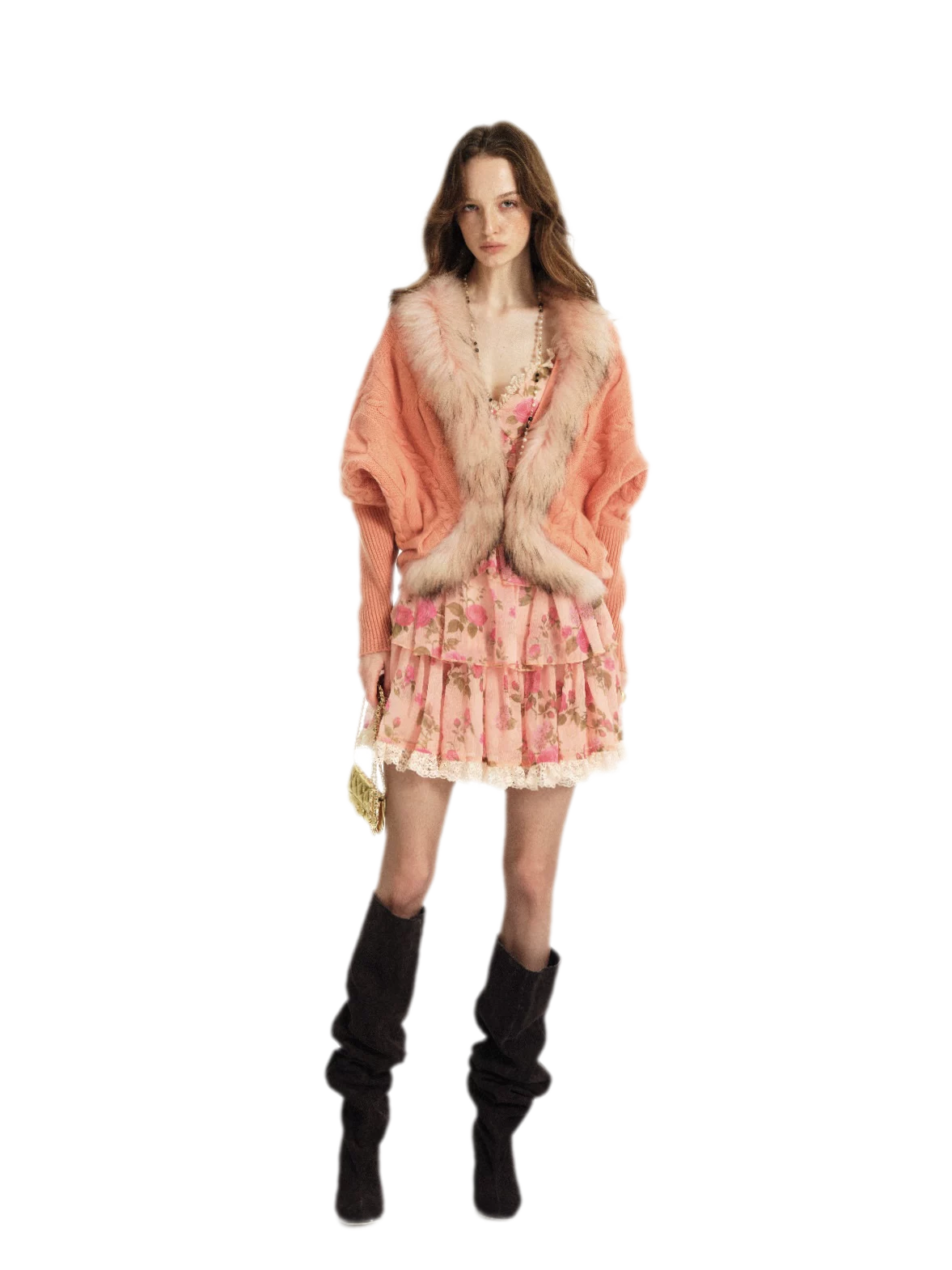 Cropped Cable Knit Batwing Wool Cardigan with Plush Fur Collar